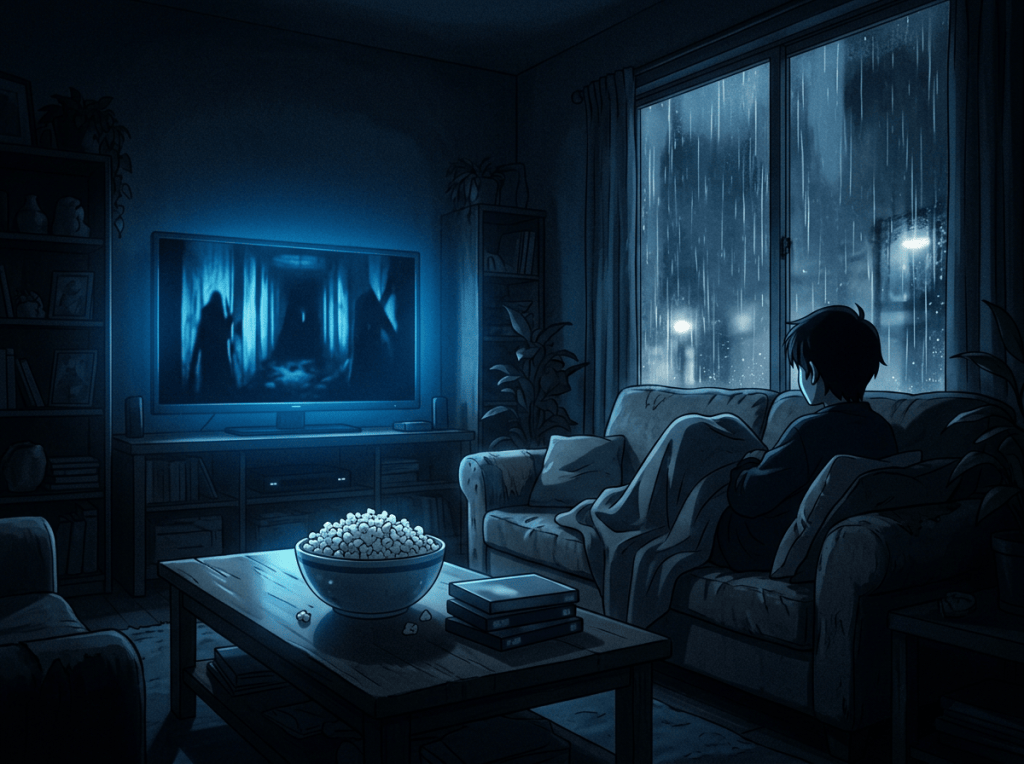 Eerie living room with television, horror media, and popcorn